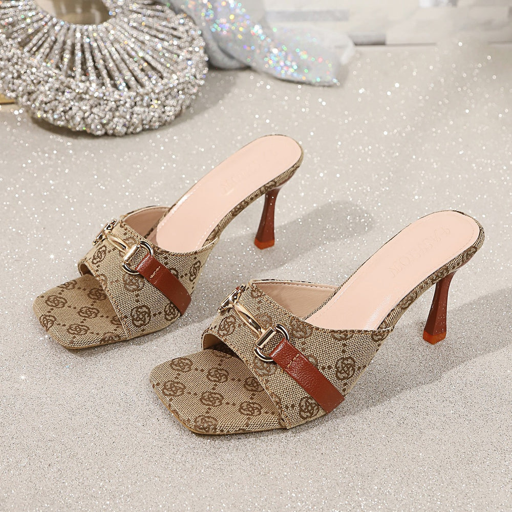 Export square toe metal chain one-word sandals women's outer wear  summer new arrival open toe fashion high heels 43