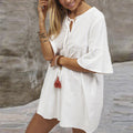cross-border hot selling european and american v-neck tie-up loose minimalist short-sleeve dress - in stock