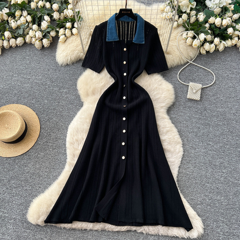 Frenchretrocontrast color lapel short sleeve metal button silmknittingdress women's spring waist slimming lookelegant skirt