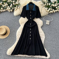 Frenchretrocontrast color lapel short sleeve metal button silmknittingdress women's spring waist slimming lookelegant skirt