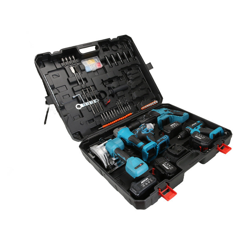 Brushless lithium power tool set, lithium battery impact drill angle grinder, electric drill wrench four-piece set, 2 batteries universal