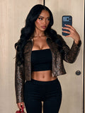 American retro leopard print jacket women's  autumn new fashion turn-down collar casual cropped top for petite figures