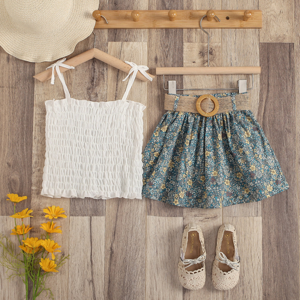 summer new arrival: sweet and fresh e-commerce style girls' two-piece set - floral print camisole and pleated mini skirt