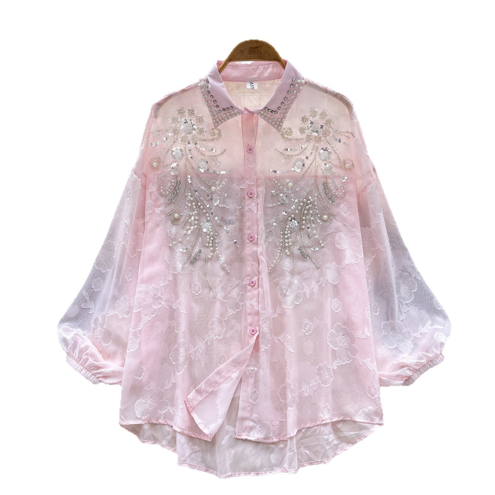Luxury-inspired, heavily embellished beaded & sequined embroidered lantern sleeve blouse - women's summer lightweight, loose-fit outerwear long sleeve top