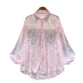 Luxury-inspired, heavily embellished beaded & sequined embroidered lantern sleeve blouse - women's summer lightweight, loose-fit outerwear long sleeve top