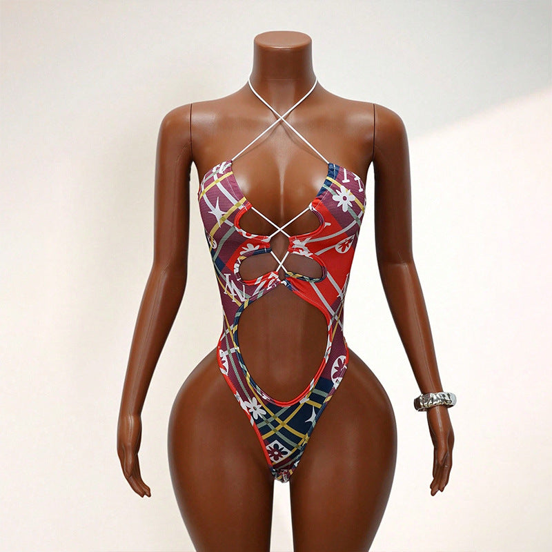 women's patchwork one-piece cutout bikini - edgy, fashionable, sexy halter bodysuit