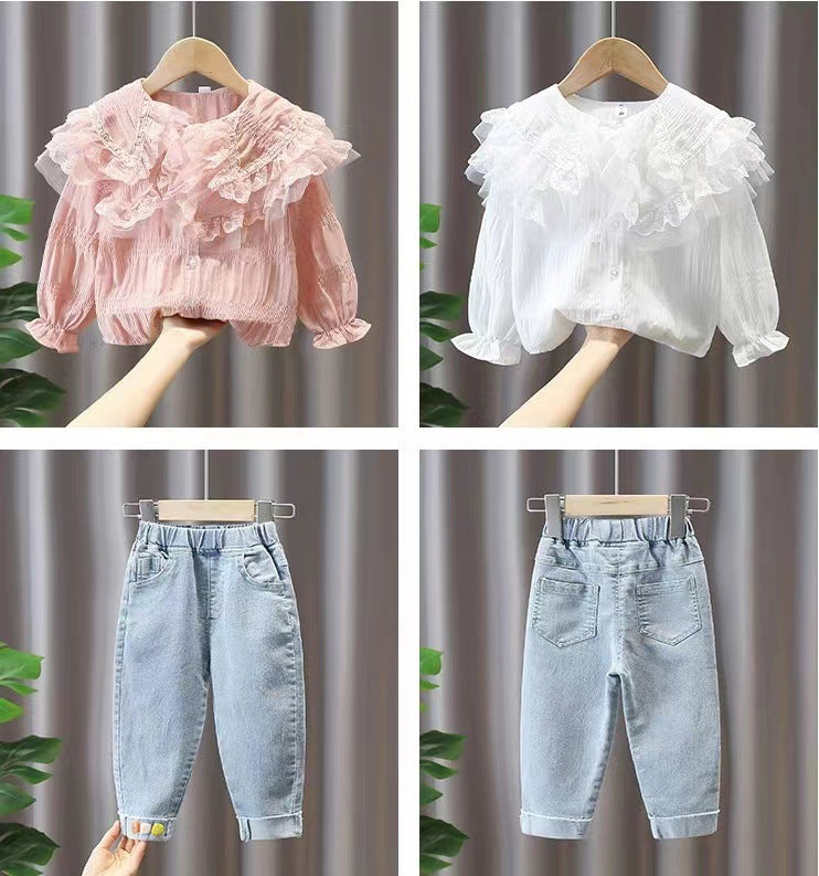 Spring outfit set  new stylish girls' baby fashionable toddler trendy denim spring two-piece set
