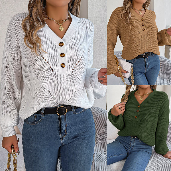 The real shot is 2023 autumn and winter new hollow V-neck button lantern sleeve pullover sweater, independent station   women's clothing