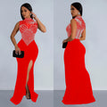 C6913 cross-border   fashion women's solid color mesh rhinestone sleeveless maxi dress