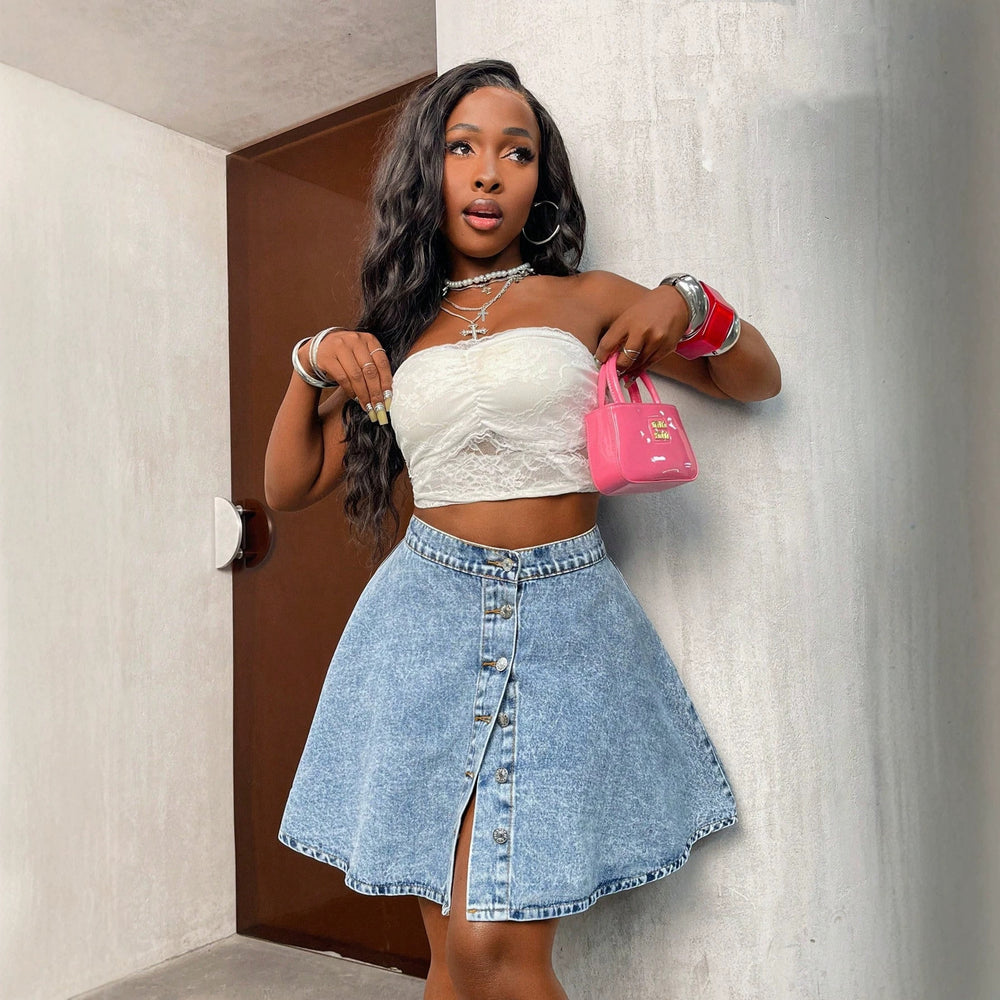 Fashion jeans women's front row single breasted denim skirt cross-border hot girl a-line umbrella skirt washed skirt export