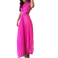 european and american export women's summer sexy elegant solid color sleeveless round neck crisscross pleated backless slim-fit dress