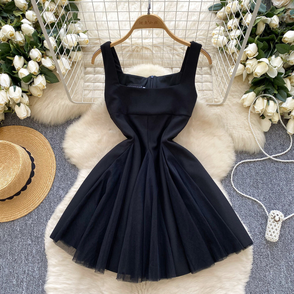 French chic minimalist mini dress - cinched waist, square neck, spaghetti straps, mesh overlay, flared skirt - women's spring 2025 collection