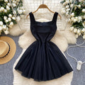 French chic minimalist mini dress - cinched waist, square neck, spaghetti straps, mesh overlay, flared skirt - women's spring 2025 collection