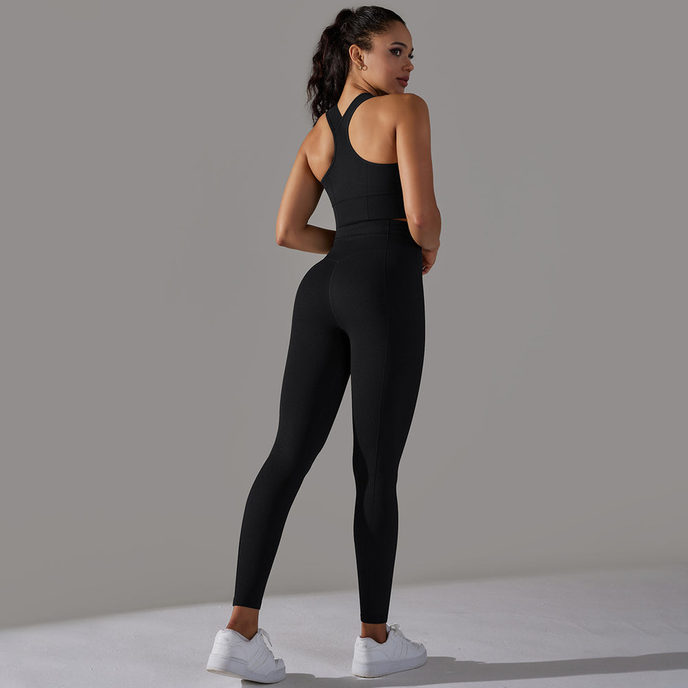 fashion seamless knittingpure color polka dot high elastic tight breathable yoga suit running fitness two-piece set