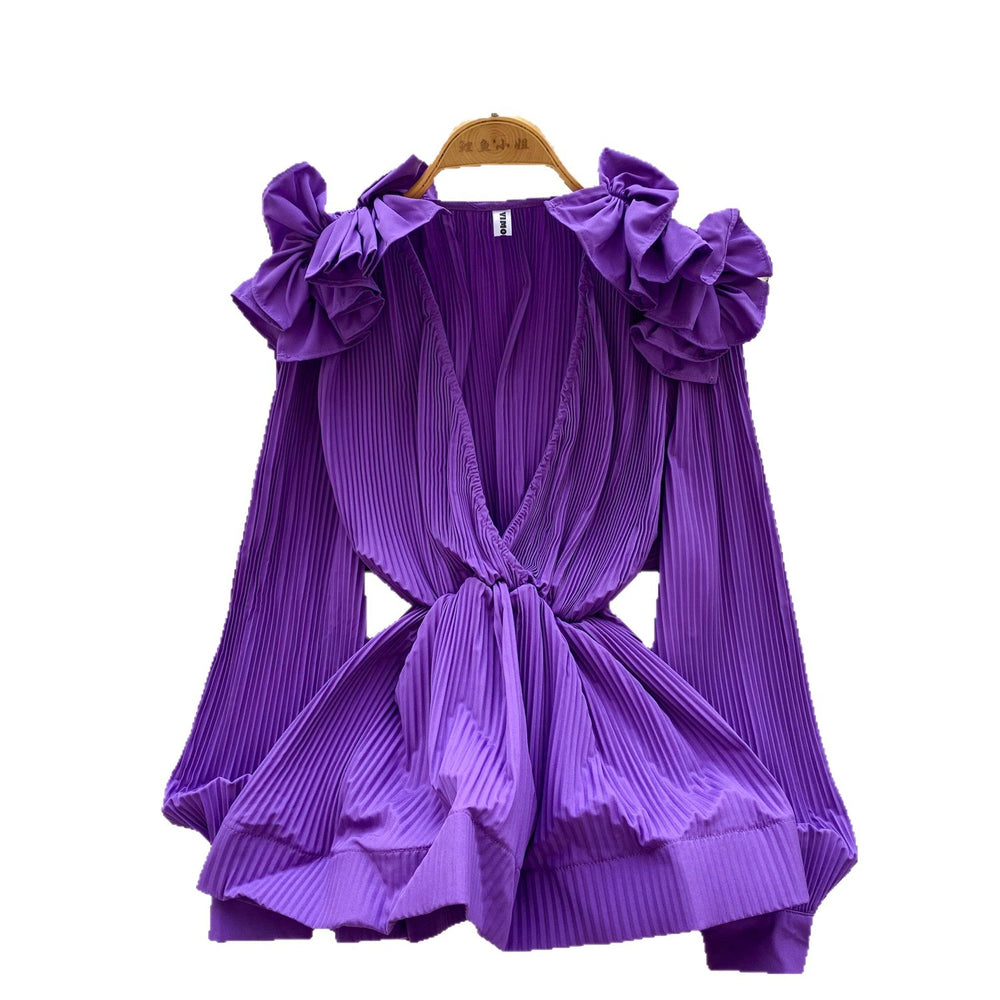European and american fashion v-neck ruffle trim long sleeve blouse - women's  autumn high-end slim fit ruffle hem top
