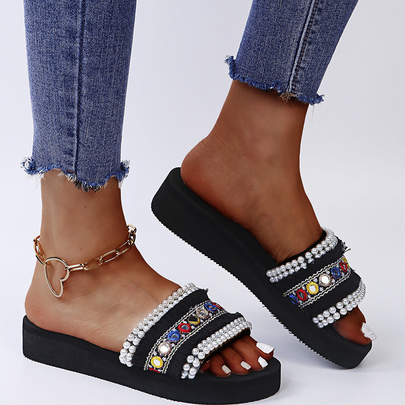 Ethnic style fashion slippers for women 2025 summernew arrivalplus sizesequin pearl toe sandals and flip-flops for beach