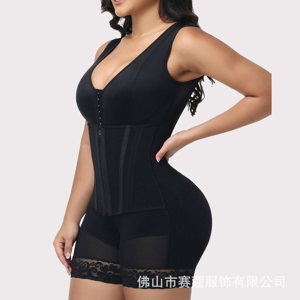 new european and american mesh 9-bone strong pressure button crotch zipper tummy control tight shapewear one-piece enhanced version