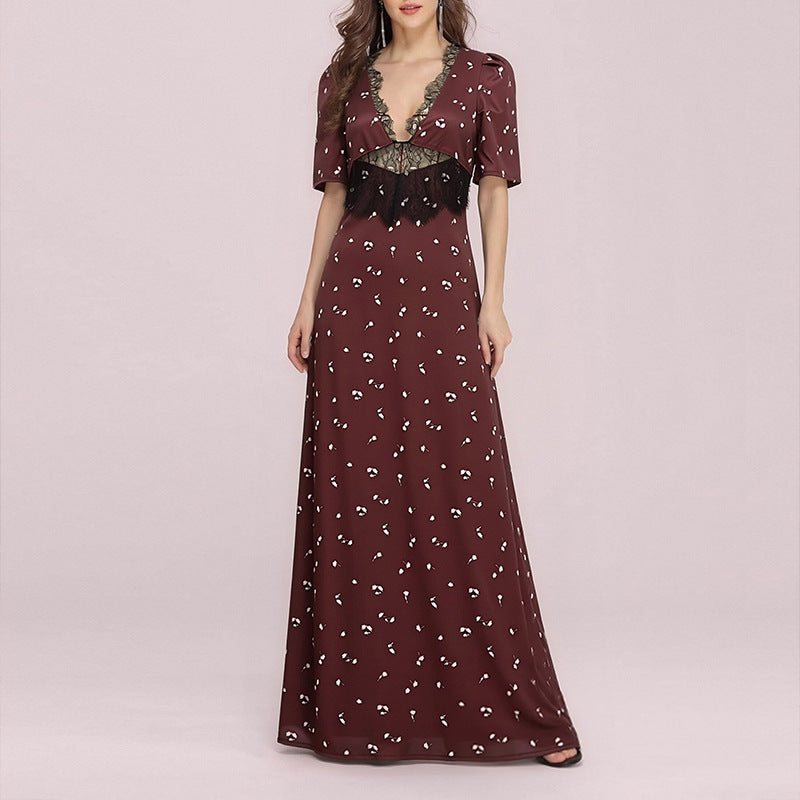 cross-border european and american women's summer fashion: new elegant satin lace patchwork v-neck hollow-out polka dot dress