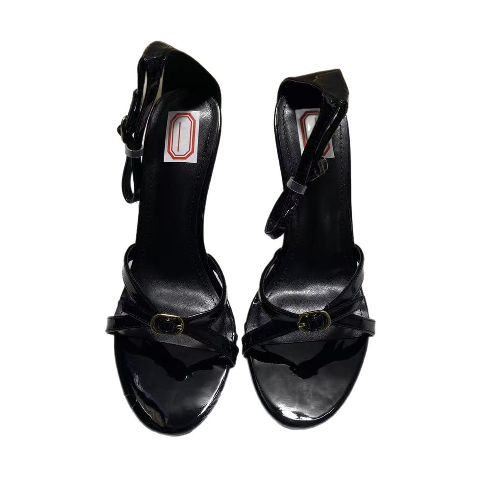 French chic thin strap lambskin patent leather 2025 summer flat round toe open toe genuine leather versatile buckle sandals for women