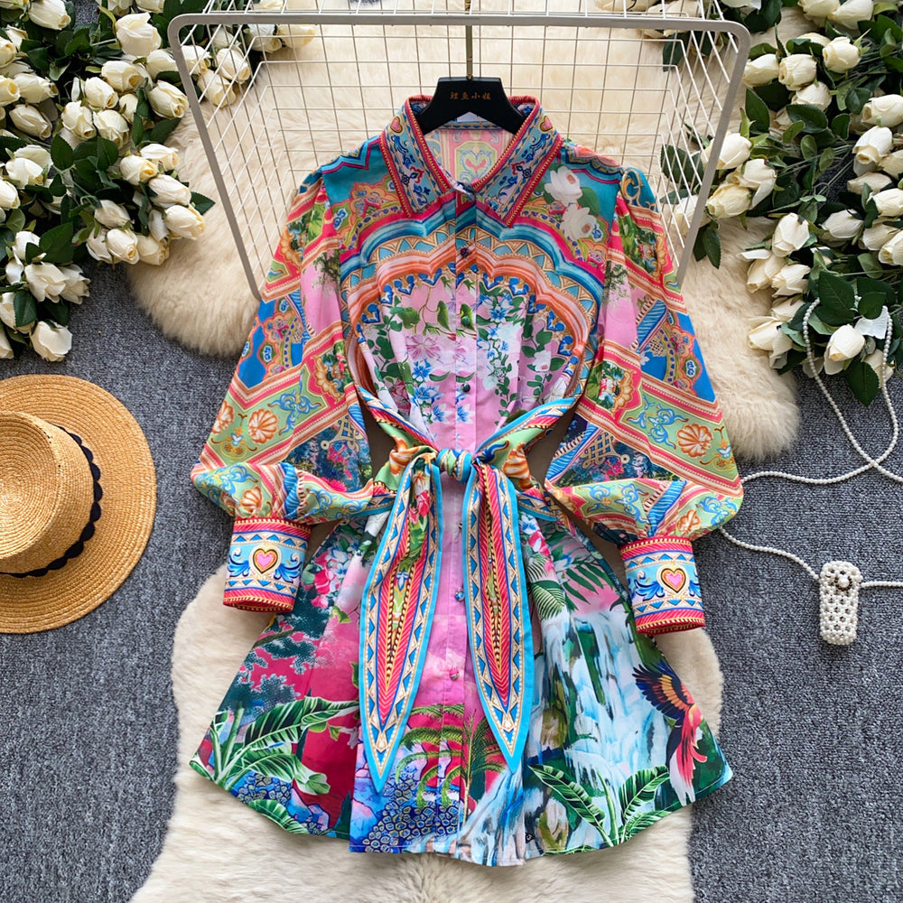 Bohemian print shirt collar tie-waist dress - women's summer korean style long sleeve a-line dress - vacation vibe