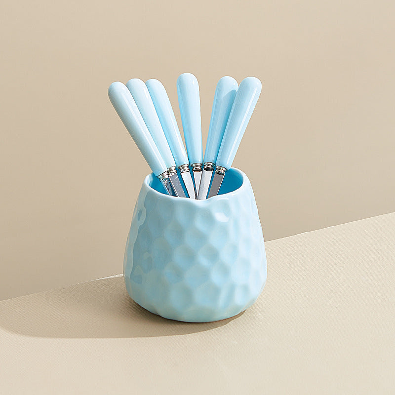 Minimalist style cross-border water cube fruit fork storage jar ceramic handle fruit fork hammered texture high-value jar set