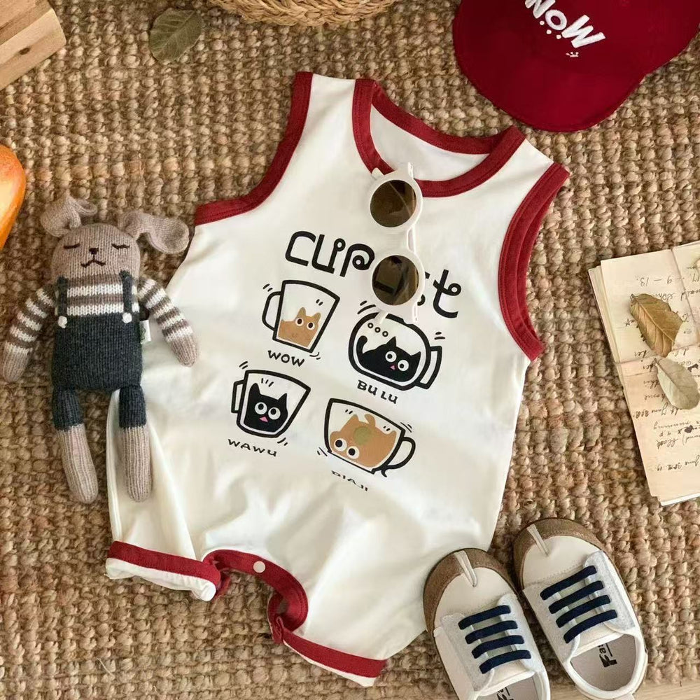 Baby romper summer coffee cat wide shoulder sleeveless crawling suit baby onesie loungewear newborn crawling suit