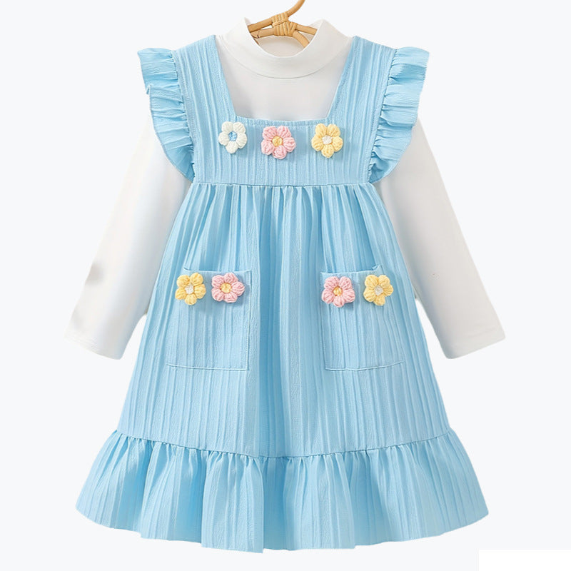 Autumgirldress sky blue cute flying sleeves knittingstereo flower embroiderlong sleeves bottom shirttwo-piece set
