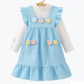 Autumgirldress sky blue cute flying sleeves knittingstereo flower embroiderlong sleeves bottom shirttwo-piece set