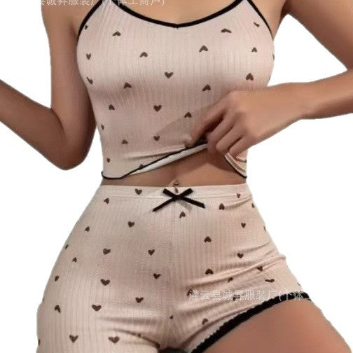Amazon european and american style home wear multi-color heart print ribbed jacquard sexy lingerie set with camisole and shorts