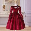 Girls' (tall) dress, pearl-embellished hollow-out round neck puff sleeve high-waisted dress