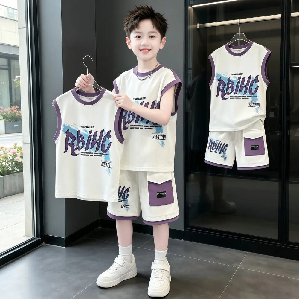 Boys' sleeveless summer outfit set,  new style, mid-to-large size, lightweight and stylish summer boys' clothing, trendy kids' sports tank top