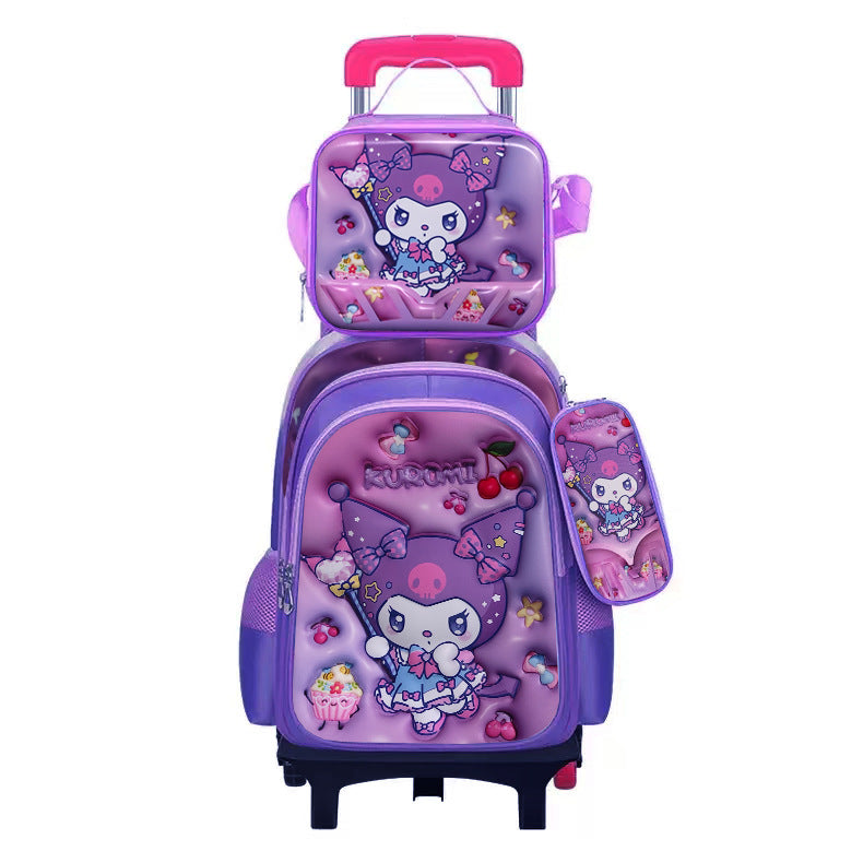 New arrival concave and convex leather primary school student pull rod school bag for grades 3 to 6 kids cartoon three-piece set backpack in stock