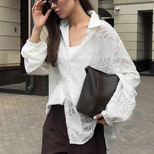 European and American design sense light luxury jacquard long-sleeved white shirt 2025 autumn  women's clothing new niche perspective cardigan