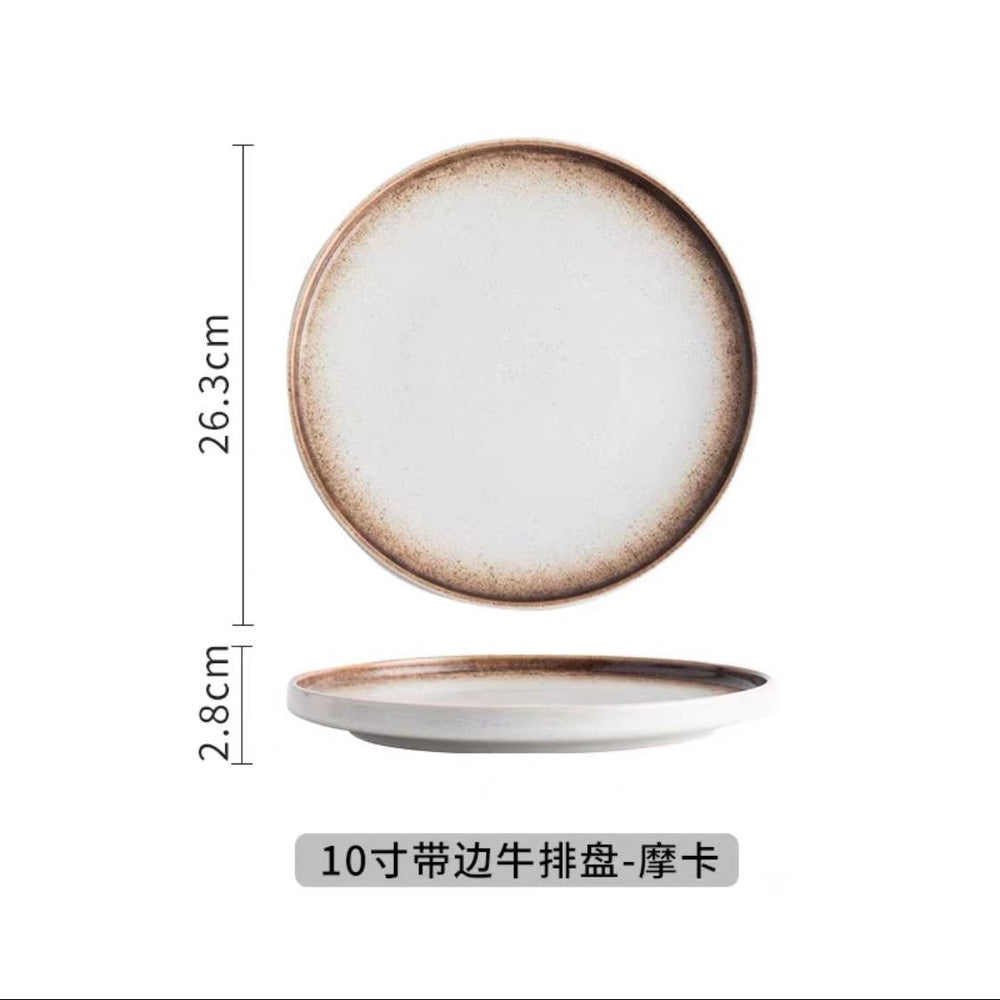 Japanese retro ceramic western dinner plate steak flat plate stoneware household dinner plate commercial round plate hotel restaurant tableware