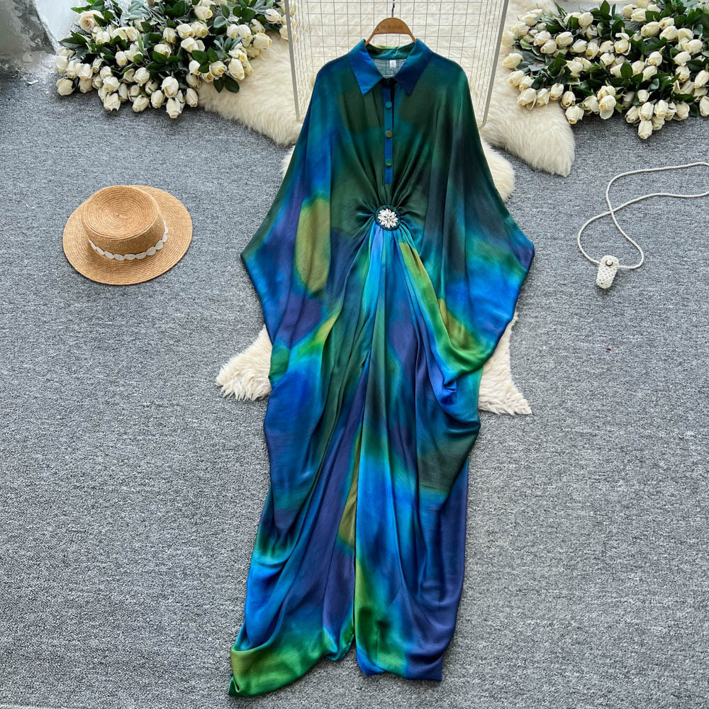 Vacation style printingpatchworkclassy new arrivaldress women's waist slimming look large swing long skirt work clothingelegant skirt