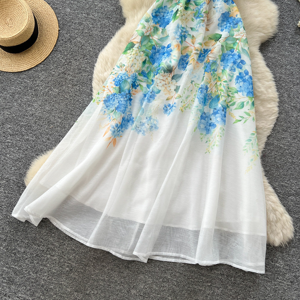 Vacation style v necktie back waist printingdress women's summer new arrivalruffle sleeves slimming lookelegantwork clothing long skirt