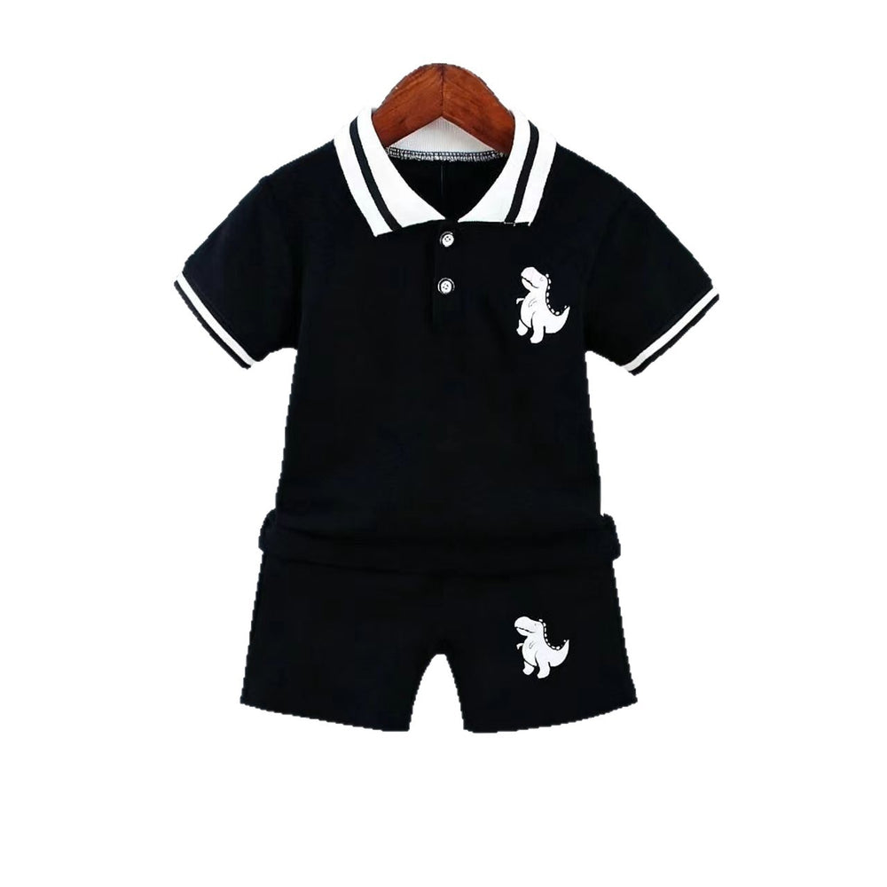 children's wear: boys' summer casual fashion dinosaur embroidered polo shirt + shorts two-piece set - wholesale