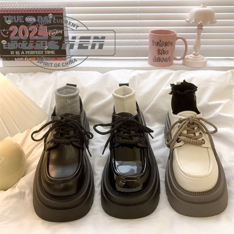 PLOVER platform muffin small leather shoes women's 2024 spring and autumn new versatile retro British style lace-up skirt shoes