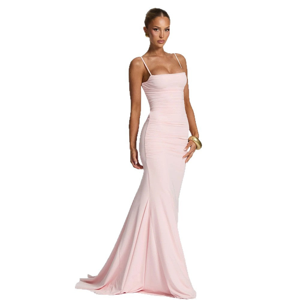 Amazon  summer new arrival: elegant solid color sleeveless bandeau maxi dress with tie-up back and figure-hugging design