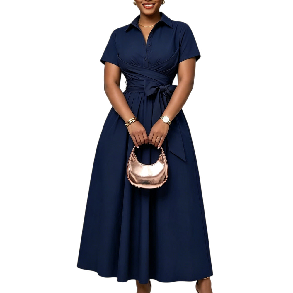 C8662  european and american women's clothing  summer new arrival: collared short-sleeve tie-waist solid color export dress
