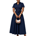 C8662  european and american women's clothing  summer new arrival: collared short-sleeve tie-waist solid color export dress