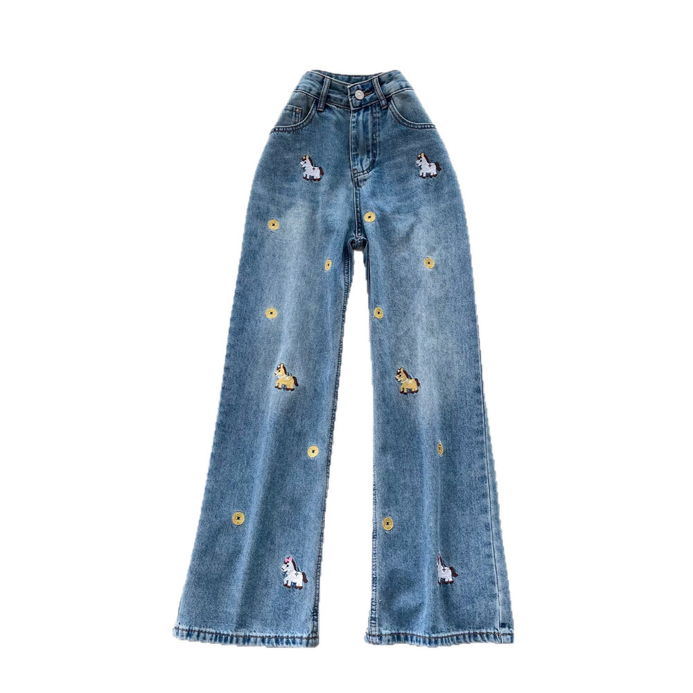 American cartoon little spike embroiderhigh waistloose pantsjeans women's summerloosestraight-legpetites blue pants