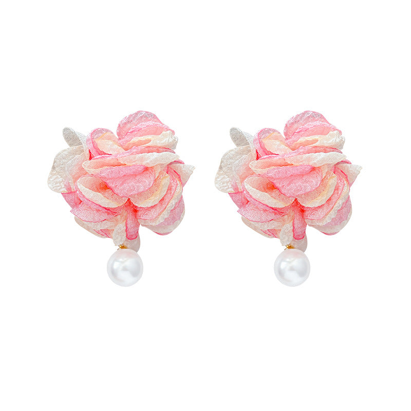 Pink mesh flower exaggerated earrings super fairy style dopamine earrings new trendy popular earrings niche women