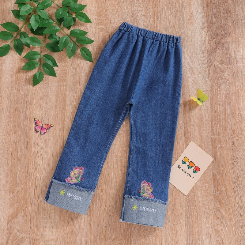 spring/autumn girls' casual embroidered denim fashion pants - korean style, trendy cartoon jeans for toddlers and children