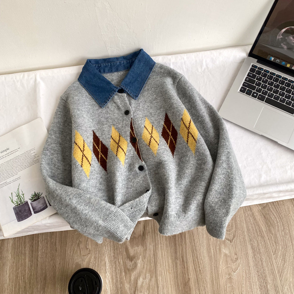 Preppy style denim polo collar rhombus pattern knittingcardigan women's autumn loosesweateroutwearniche styleclassytops
