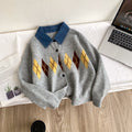 Preppy style denim polo collar rhombus pattern knittingcardigan women's autumn loosesweateroutwearniche styleclassytops