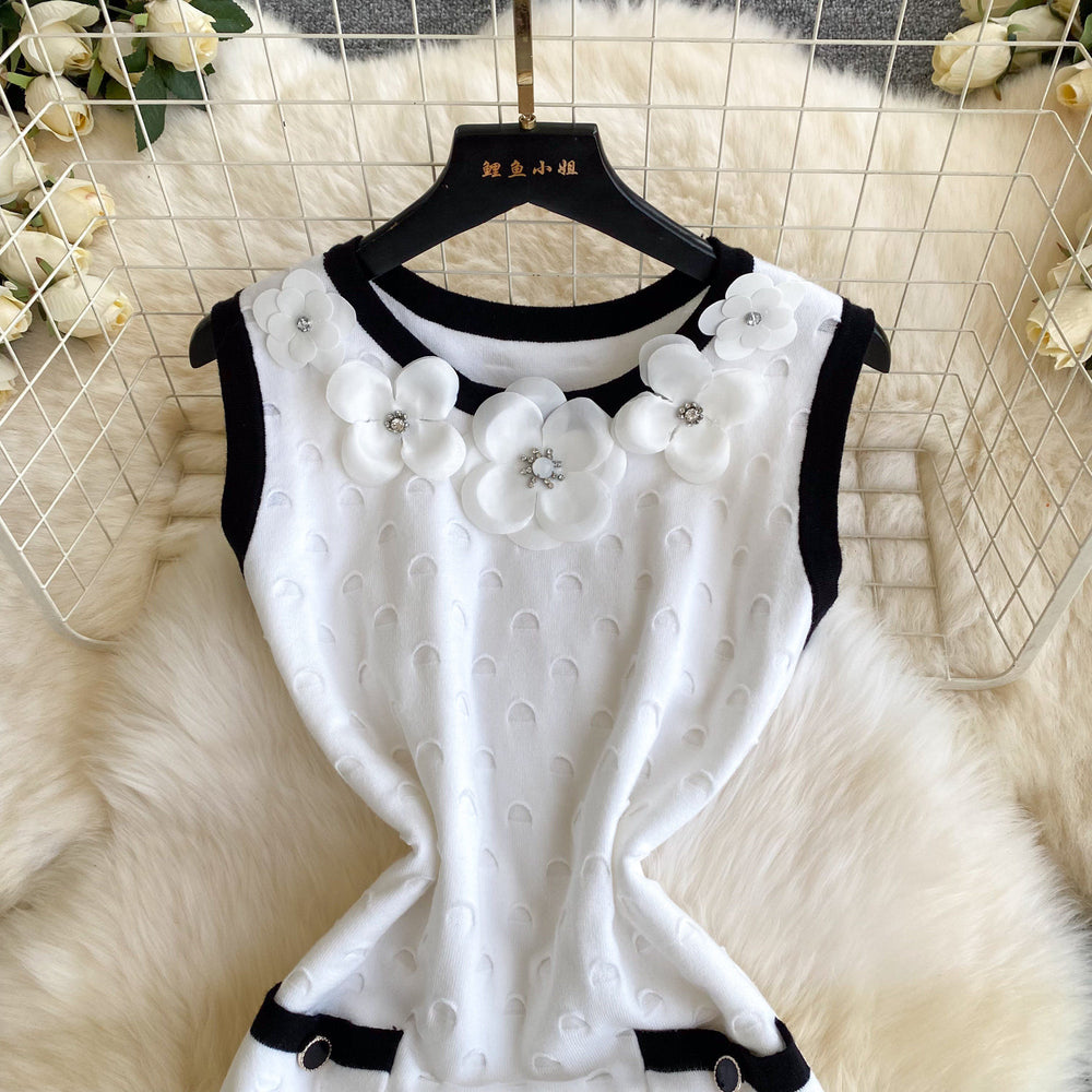 Xiaoxiangfeng stereo flower sleeveless knittingdress female summernew arrival silmslimming look a-line skirt classy sense