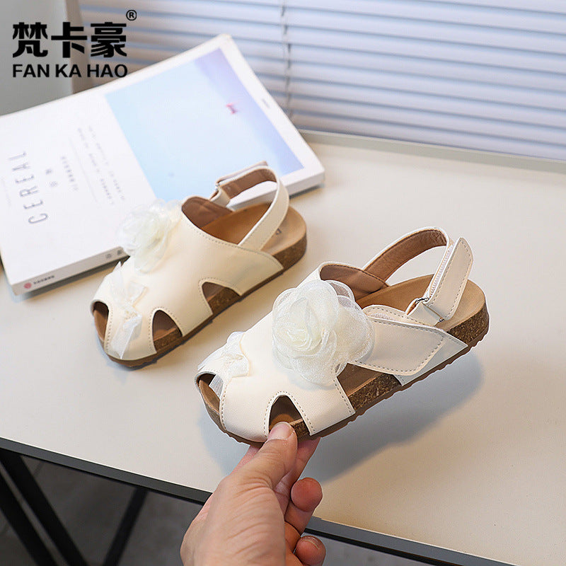Vancahao niche style design fish mouth birkenstock shoes  summernew arrivalgirl small flower cork sandals beach shoes