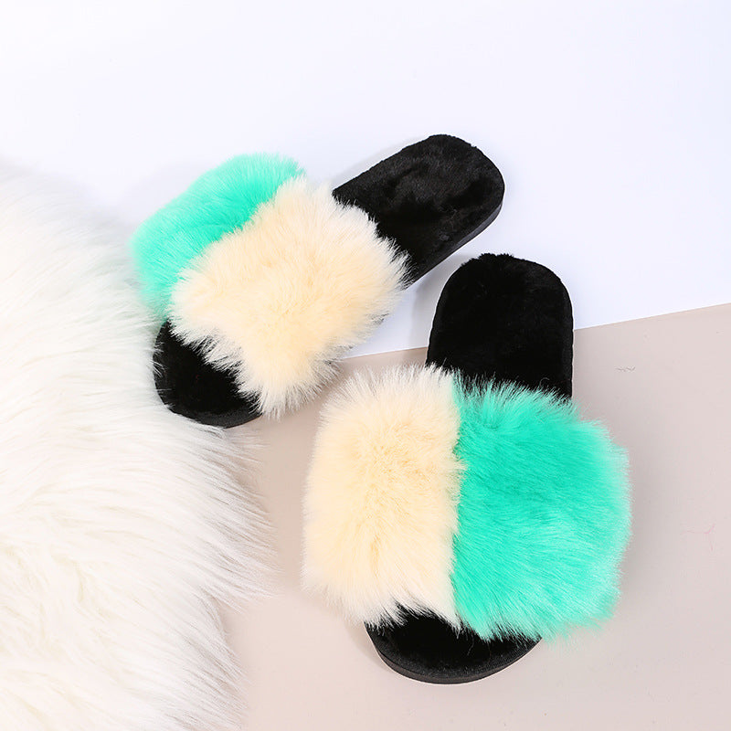 European and american style 2024 autumn/winter plus size color block thickened flat slippers, celebrity-inspired fuzzy slippers for women
