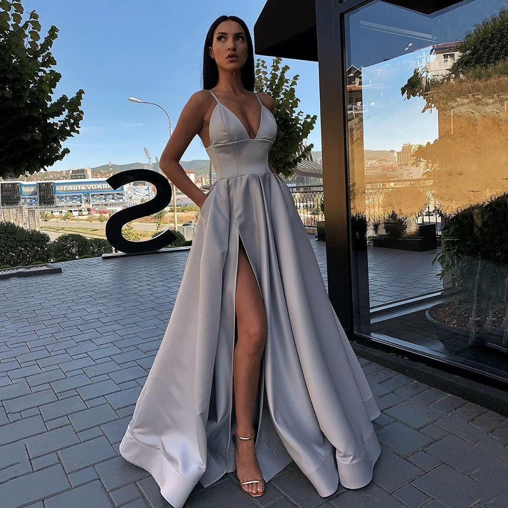 summer new european and american style sexy slim-fit camisole dress deep v slit banquet evening gown